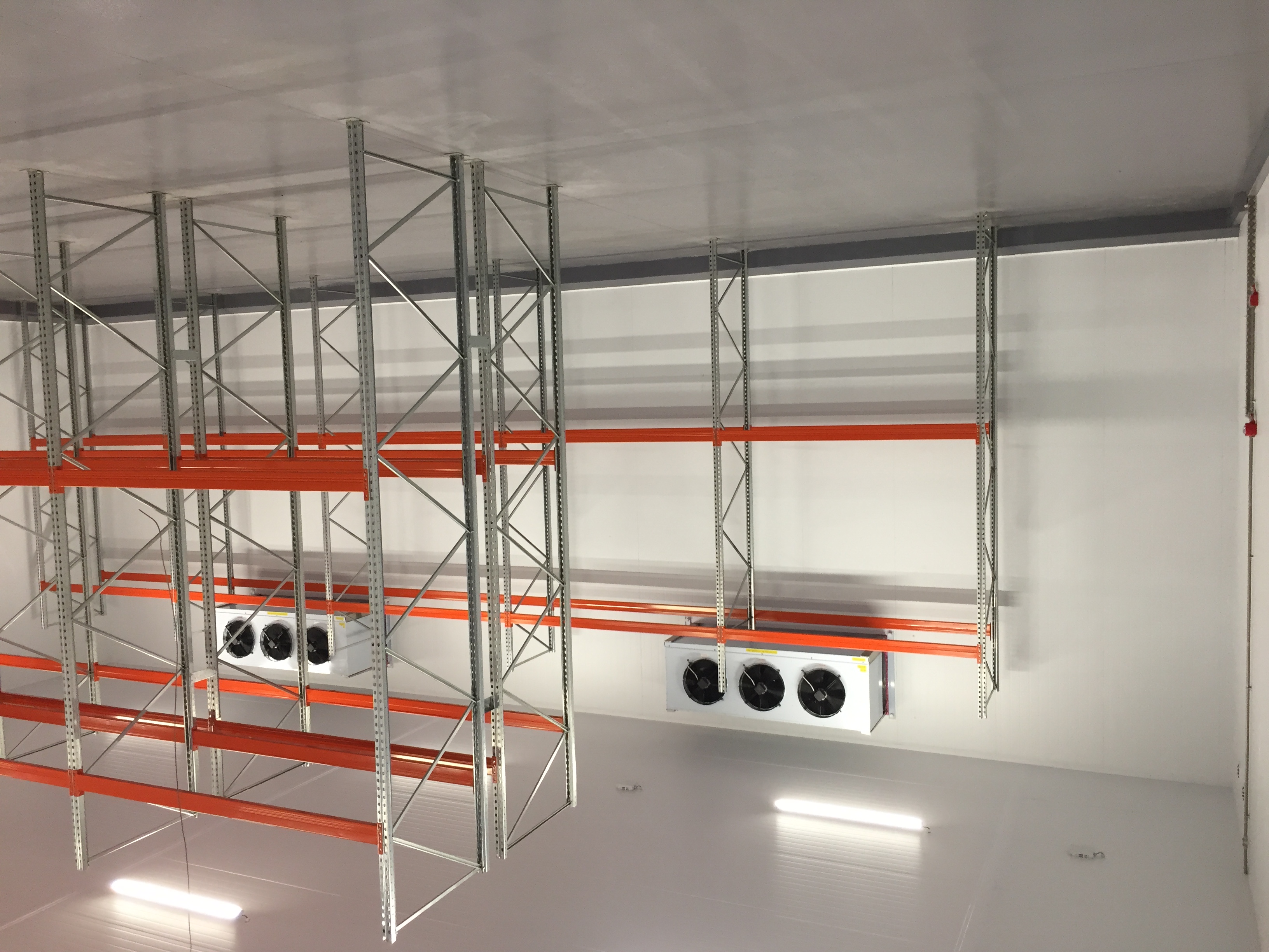 Coldstore interior with evaporator units and racking